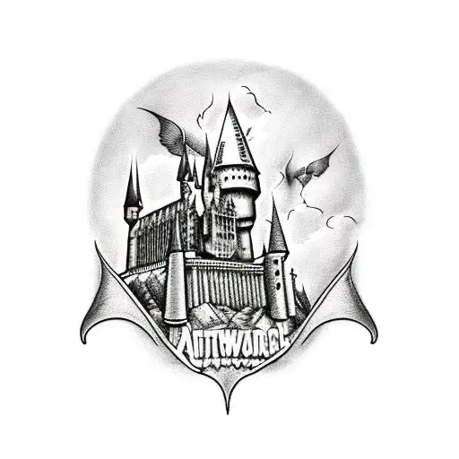 A blackwork tattoo of the Hogwarts castle with dementors flying around it tattoo design idea
