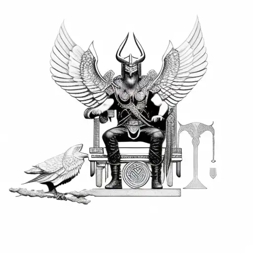 Norse god Odin sitting in a chair with a valkyrie and raven tattoo design idea