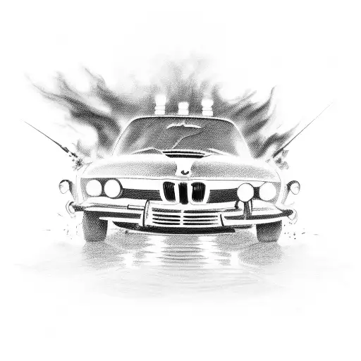 pinup. bmw car front. flames. background tattoo design idea