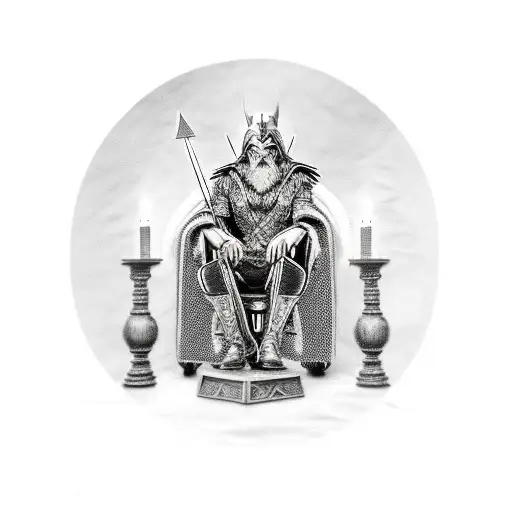 Norse god Odin sitting in a chair with a valkyrie and raven tattoo design idea
