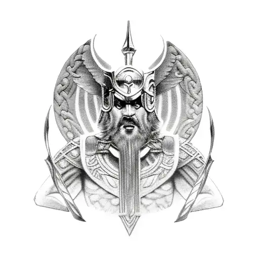 Norse god Odin sitting in a chair with a valkyrie tattoo design idea