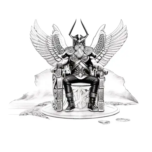 Norse god Odin sitting in a chair with a valkyrie and raven tattoo design idea