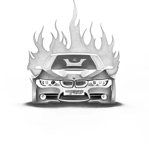 BMW car front. pit girl standing on the side of the car. flames. car light tattoo design idea