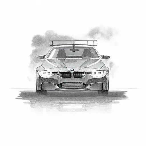BMW car front. pit girl standing on the side of the car tattoo design idea