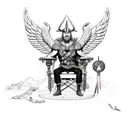 Norse god Odin sitting in a chair with a valkyrie and raven tattoo design idea