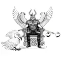 Norse god Odin sitting in a chair with a valkyrie and raven tattoo design idea