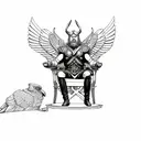 Norse god Odin sitting in a chair with a valkyrie and raven tattoo design idea