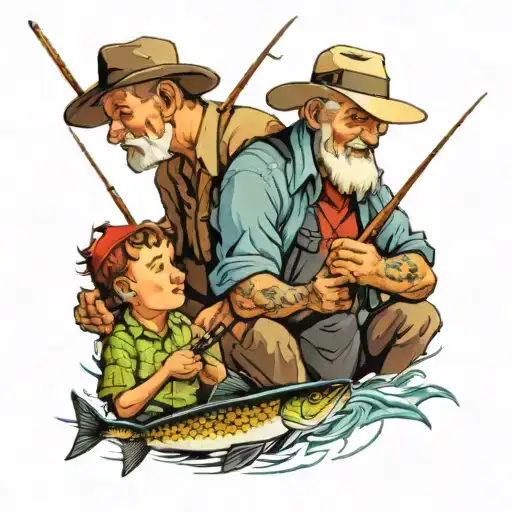 grandpa, dad and son fishing  tattoo design idea