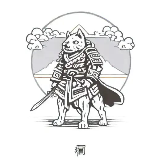 A fierce samurai warrior with an imposing akita dog, framed by the iconic silhouette of Mount Fuji in the background. tattoo design idea