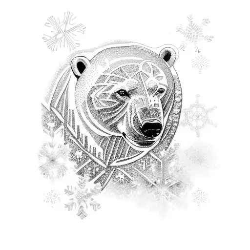 A polar bear surrounded by intricate snowflake patterns tattoo design idea