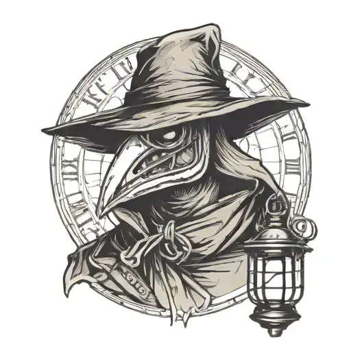 plague doctor holding a lantern.  clock with roman numerals in the background.  there is a crow on his shoulder tattoo design idea