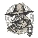 plague doctor holding a lantern.  clock with roman numerals in the background.  there is a crow on his shoulder tattoo design idea