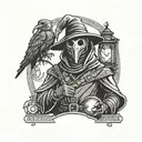 plague doctor holding a lantern.  clock with roman numerals in the background.  there is a crow on his shoulder tattoo design idea