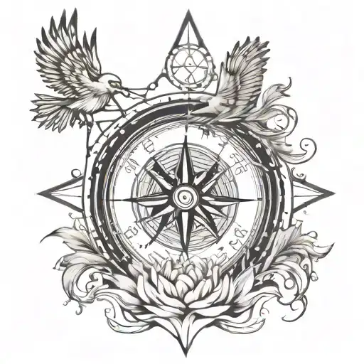 Create a tattoo which contains a person meditating, a compass and some free birds tattoo design idea
