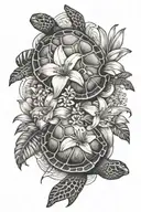 turtle, leopard print shell, lily flower bouquet tattoo design idea