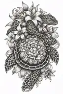 turtle, leopard print shell, lily flower bouquet tattoo design idea