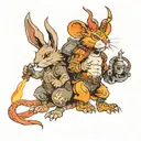 fire rabbit, fire monkey, metal ox in team like stance tattoo design idea