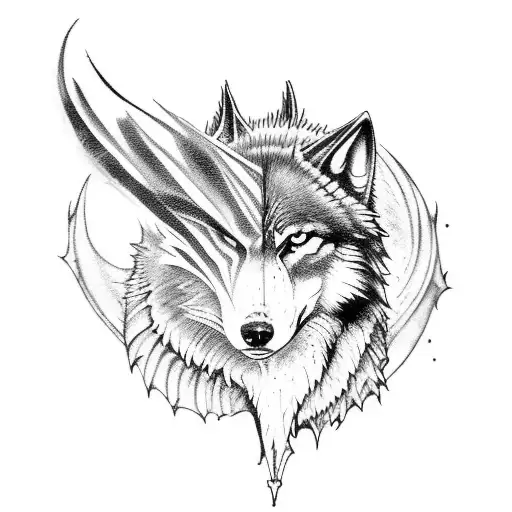 Combine elements from Dark Souls and Nordic mythology to create a unique tattoo design featuring a wolf and dragon in a fierce battle tattoo design idea