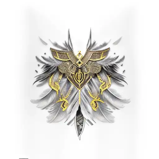 feathers forming armor, black and gold, arm sleeve or shoulder piece tattoo design idea