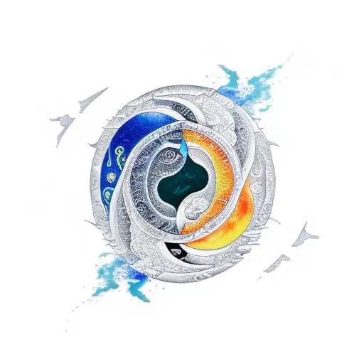 Yin and yang print for a forearm tattoo sleeve combined with watercolor sun and moon tattoo design idea