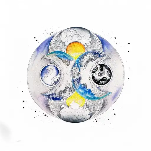 Yin and yang print for a forearm tattoo sleeve combined with watercolor sun and moon tattoo design idea