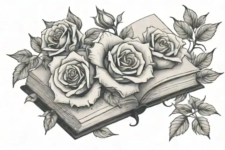 open book with roses and moonflower blooming tattoo design idea