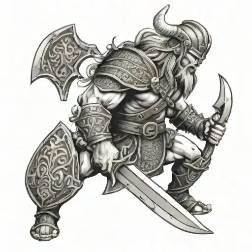 Viking warrior wielding a battle axe in a fierce battle scene tattoo design idea