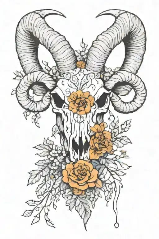 ram skull flower tattoo