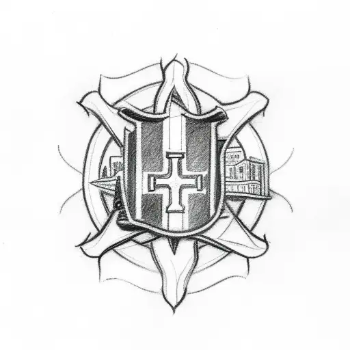 Sketch a Catholic-inspired tattoo with the Dallas skyline and a firefighter helmet tattoo design idea