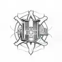 Sketch a Catholic-inspired tattoo with the Dallas skyline and a firefighter helmet tattoo design idea