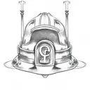 Sketch a Catholic-inspired tattoo with the Dallas skyline and a firefighter helmet tattoo design idea