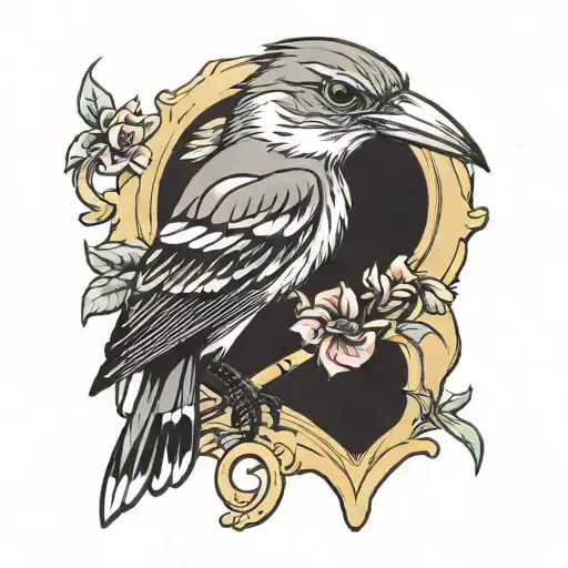 mocking bird with diamond ring in mouth open tattoo design idea