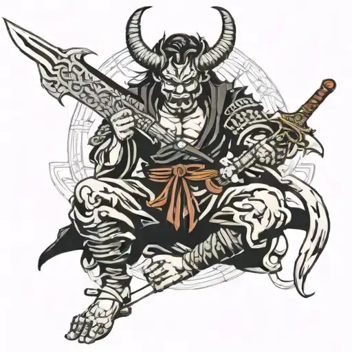 samuari sat down holding sword with demon face made tattoo design idea