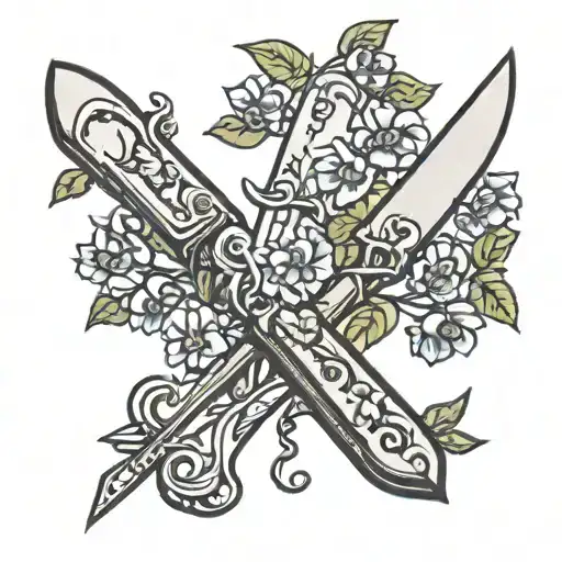 A chef's knife and fork intertwined with blooming vegetable vines tattoo design idea