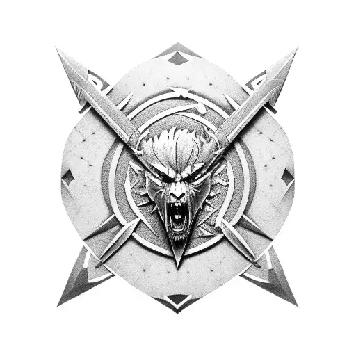 witcher medallion with the witcher signs and Geralt with ciri tattoo design idea
