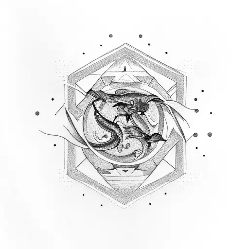 tattoo with geometric figures, connecting to elements that represent fire, water, air, earth, carp fish and scorpion sig tattoo design idea