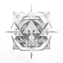 tattoo with geometric figures, connecting to elements that represent fire, water, air, earth, carp fish and scorpion sig tattoo design idea