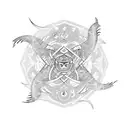 tattoo with geometric figures, connecting to elements that represent fire, water, air, earth, carp fish and scorpion sig tattoo design idea