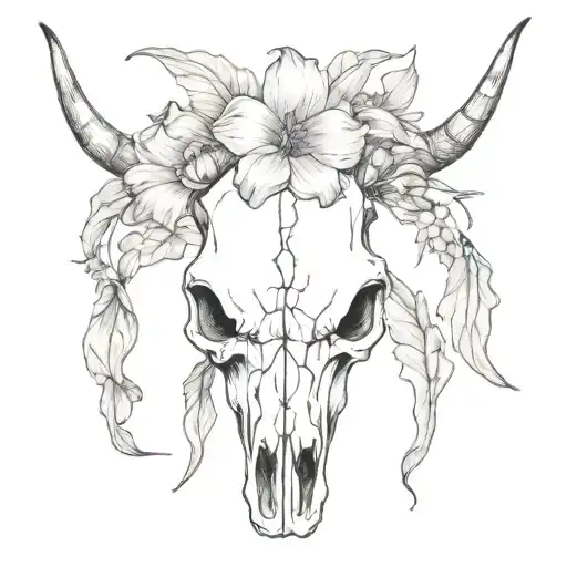 longhorn skull with vanadian maple leave background, with poppy, gladiolus, carnation and jonquil flowers  tattoo design idea