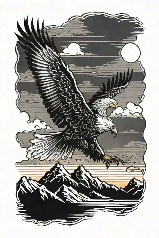 A tattoo of a majestic eagle soaring over a mountain range at sunset tattoo design idea