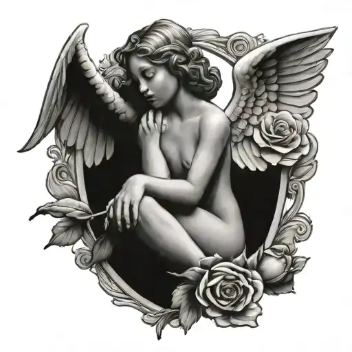 an angel sitting on a rosebud tattoo design idea