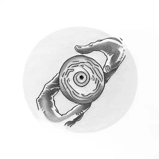 Make a simple forearm tattoo showing Sisyphus, in a black and white style, pushing a big rock up a curvy hill. Sisyphus  tattoo design idea