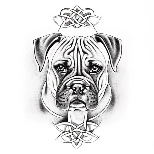 A realistic depiction of a Celtic tree of life with boxer dogs playing around it tattoo design idea