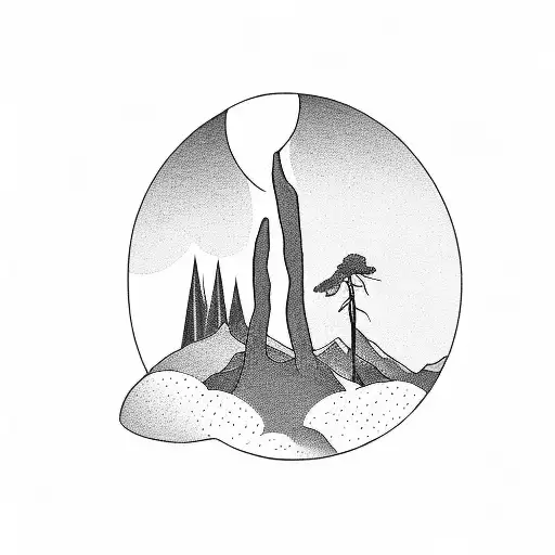 Envision a continuous scene that starts from the lower forearm featuring a hiker with a backpack embarking on a trail. A tattoo design idea