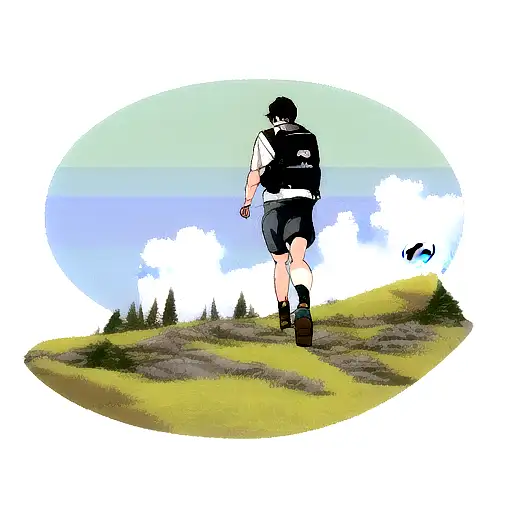 Envision a continuous scene that starts from the lower forearm featuring a hiker with a backpack embarking on a trail. A tattoo design idea