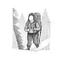 Envision a continuous scene that starts from the lower forearm featuring a hiker with a backpack embarking on a trail. A tattoo design idea