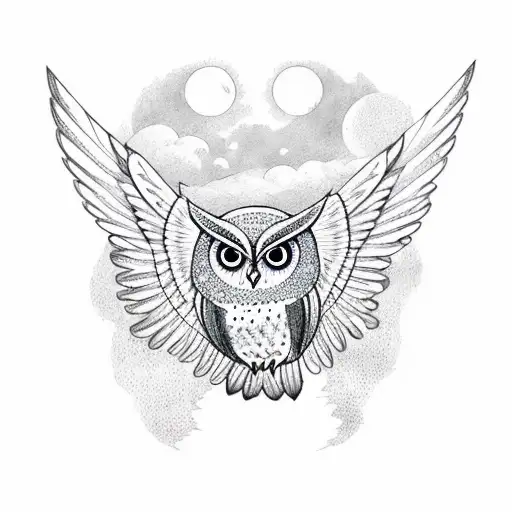 passionate owl with spread wings behind owl is a forest and  to the left is the moon tattoo design idea