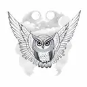 passionate owl with spread wings behind owl is a forest and  to the left is the moon tattoo design idea