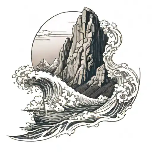 cervino mountain with below a sailing boat coming off from a wave tattoo design idea