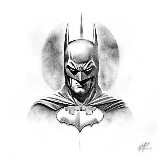 A black and grey portrait of Batman in a vintage camera tattoo design idea